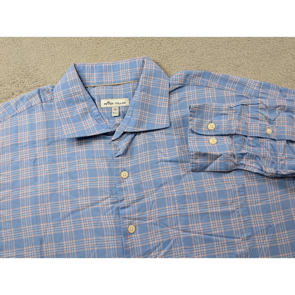 Peter Millar Mens XL Blue Pink Plaid Long Sleeve Cotton Button Down MS22W09USL